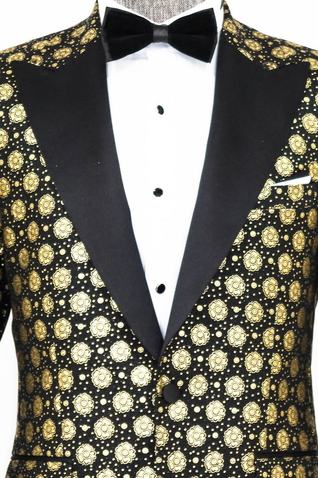 Floral Patterned Peak Lapel Black Men Prom Blazer - Wessi