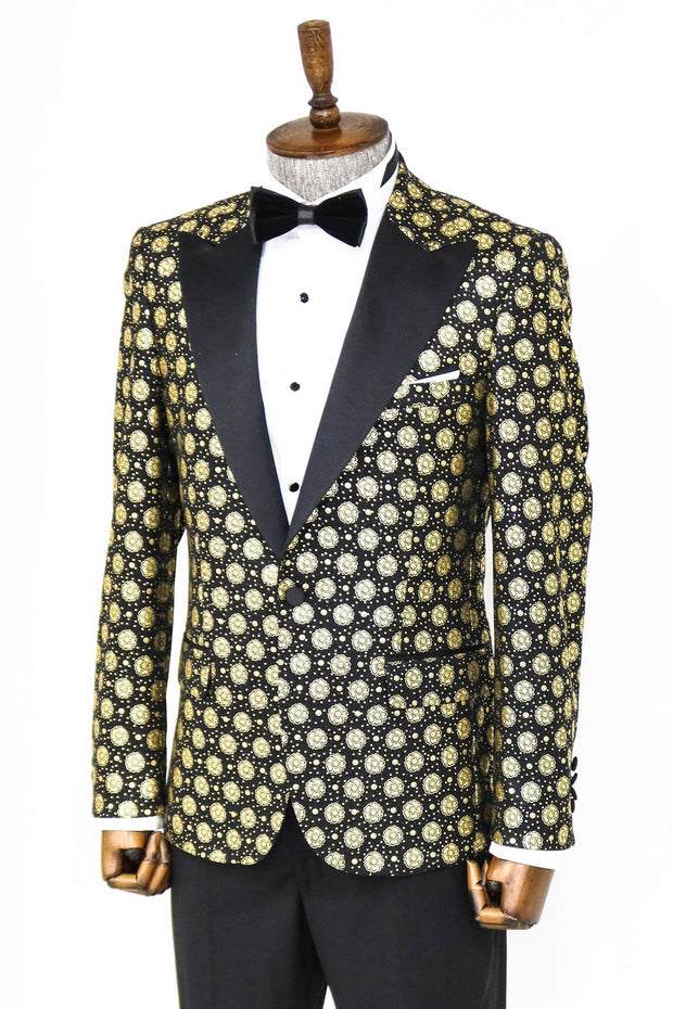 Floral Patterned Peak Lapel Black Men Prom Blazer - Wessi