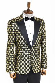 Floral Patterned Peak Lapel Black Men Prom Blazer - Wessi