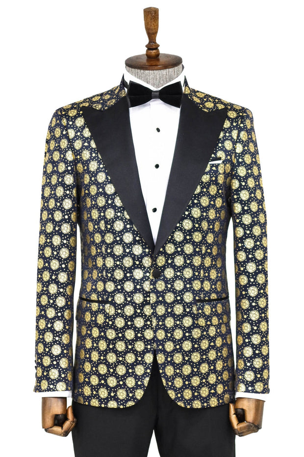 Floral Patterned Peak Lapel Navy Blue Men Prom Blazer - Wessi