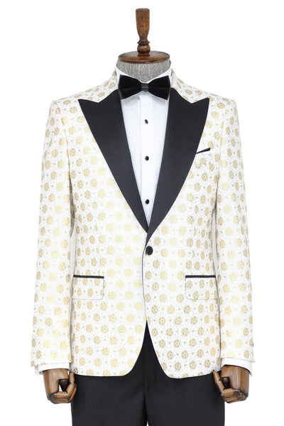 Floral Patterned Peak Lapel White Men Prom Blazer - Wessi