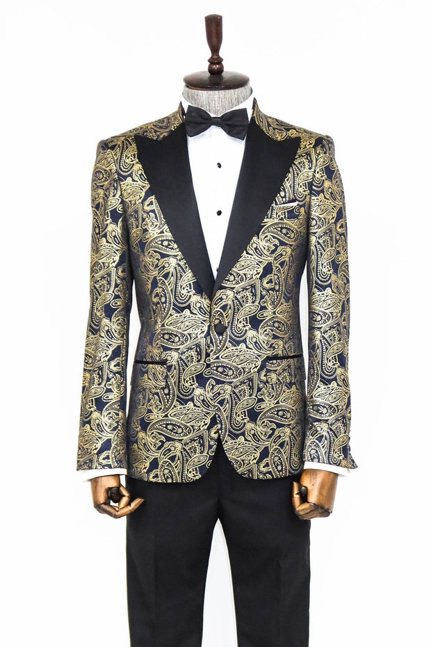 Paisley Peak Lapel Navy Blue Men Prom Blazer - Wessi