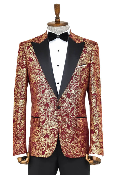 Paisley Peak Lapel Burgundy Men Prom Blazer - Wessi