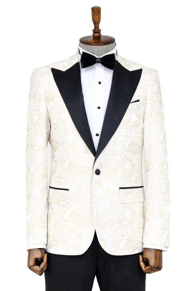 Paisley Peak Lapel White Men Prom Blazer - Wessi