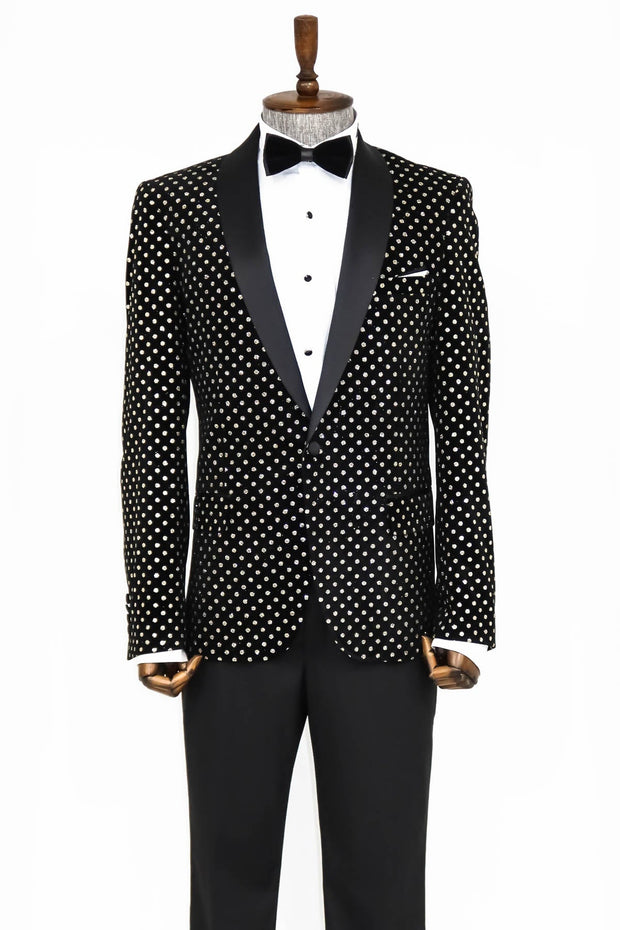 Dot Patterned Slim Fit Black Men Prom Blazer - Wessi