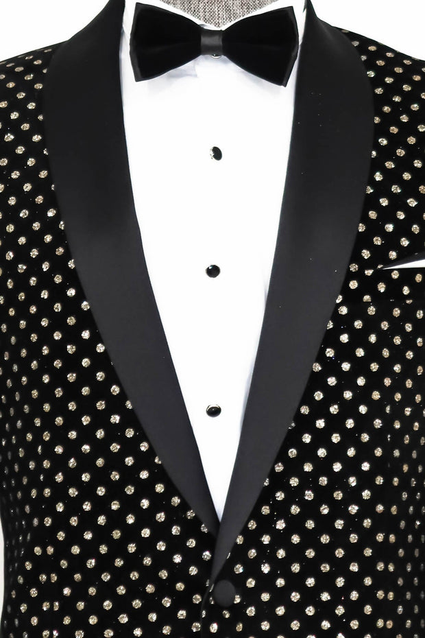 Dot Patterned Slim Fit Black Men Prom Blazer - Wessi