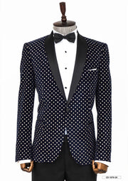 Dot Patterned Slim Fit Navy Blue Men Prom Blazer - Wessi