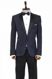 Dot Patterned Slim Fit Navy Blue Men Prom Blazer - Wessi