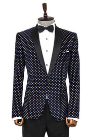 Dot Patterned Slim Fit Navy Blue Men Prom Blazer - Wessi