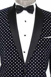 Dot Patterned Slim Fit Navy Blue Men Prom Blazer - Wessi