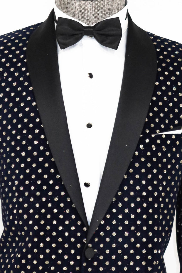 Dot Patterned Slim Fit Navy Blue Men Prom Blazer - Wessi