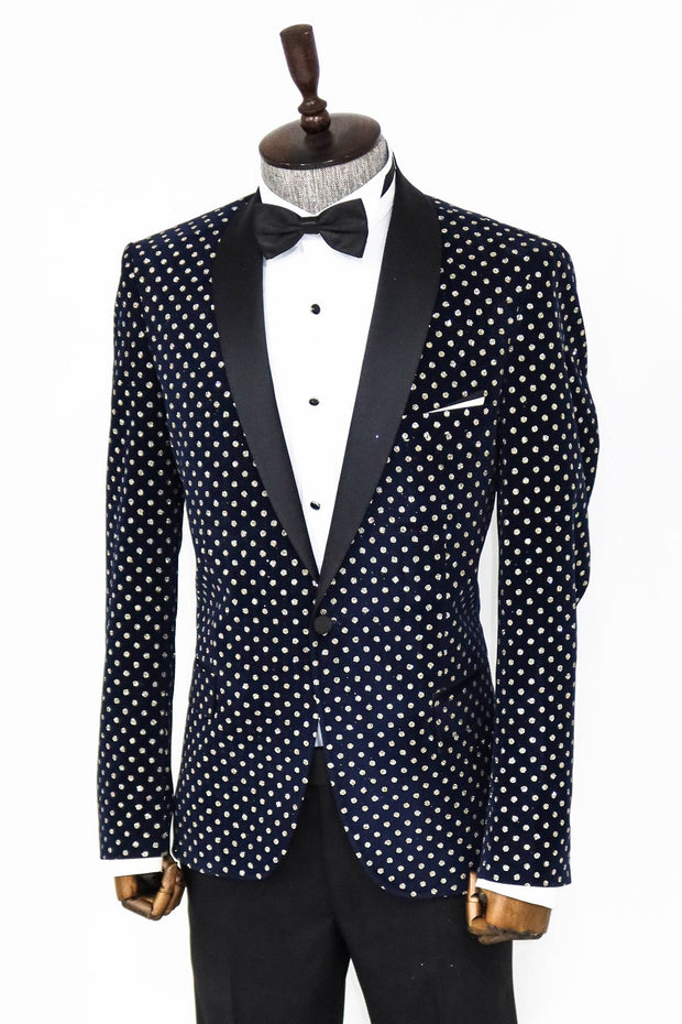 Dot Patterned Slim Fit Navy Blue Men Prom Blazer - Wessi