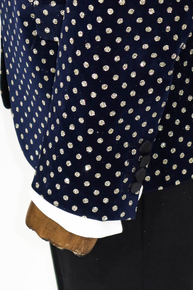 Dot Patterned Slim Fit Navy Blue Men Prom Blazer - Wessi