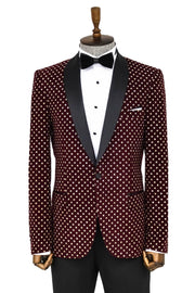 Dot Patterned Slim Fit Burgundy Men Prom Blazer - Wessi