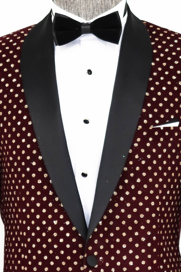 Dot Patterned Slim Fit Burgundy Men Prom Blazer - Wessi