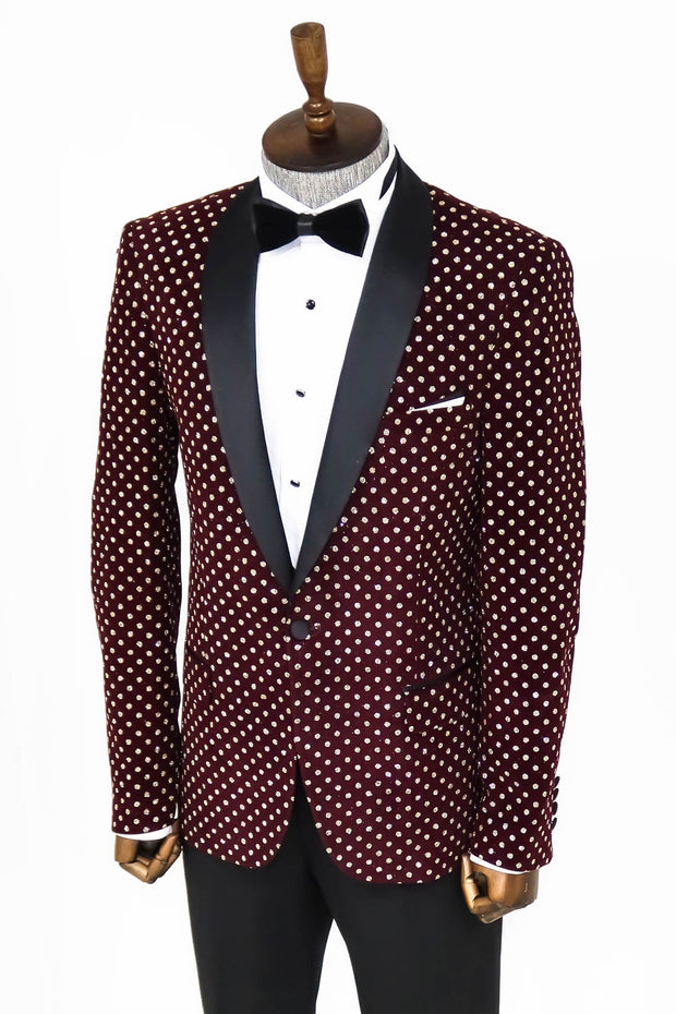 Dot Patterned Slim Fit Burgundy Men Prom Blazer - Wessi