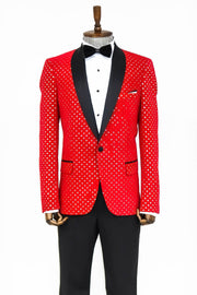 Dot Patterned Slim Fit Red Men Prom Blazer - Wessi