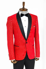 Dot Patterned Slim Fit Red Men Prom Blazer - Wessi