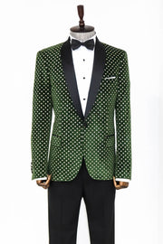 Dot Pattern Slim Fit Dark Green Men Prom Blazer - Wessi