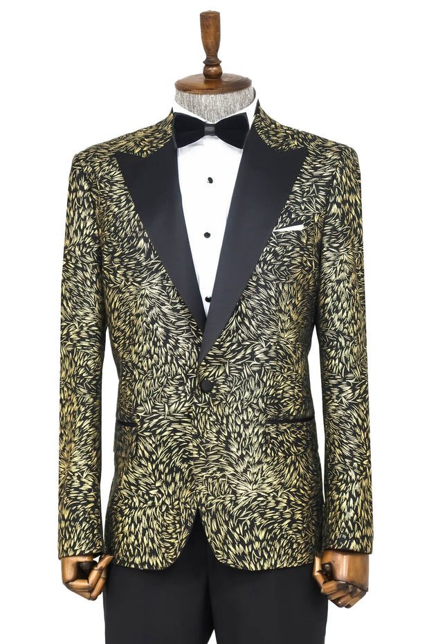 Feather Patterned Slim Fit Black Men Prom Blazer - Wessi