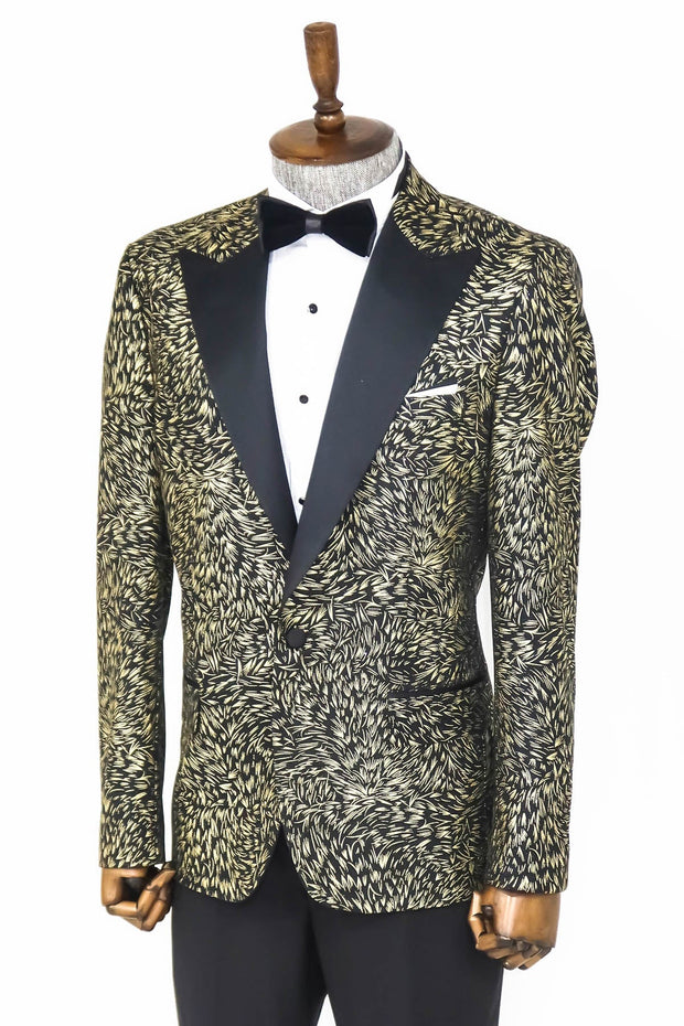 Feather Patterned Slim Fit Black Men Prom Blazer - Wessi