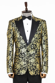 Gold Rose Patterned Slim Fit Black Men Prom Blazer - Wessi