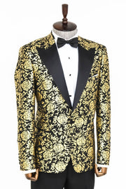 Gold Rose Patterned Slim Fit Black Men Prom Blazer - Wessi