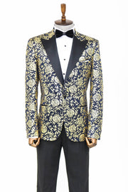 Gold Rose Patterned Slim Fit Navy Blue Men Prom Blazer - Wessi