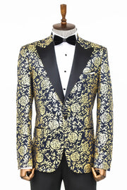 Gold Rose Patterned Slim Fit Navy Blue Men Prom Blazer - Wessi