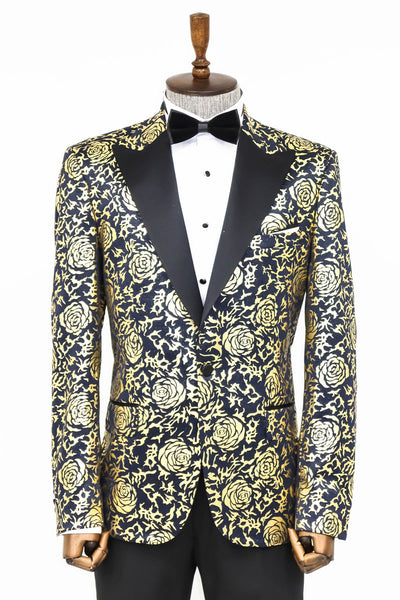 Gold Rose Patterned Slim Fit Navy Blue Men Prom Blazer - Wessi