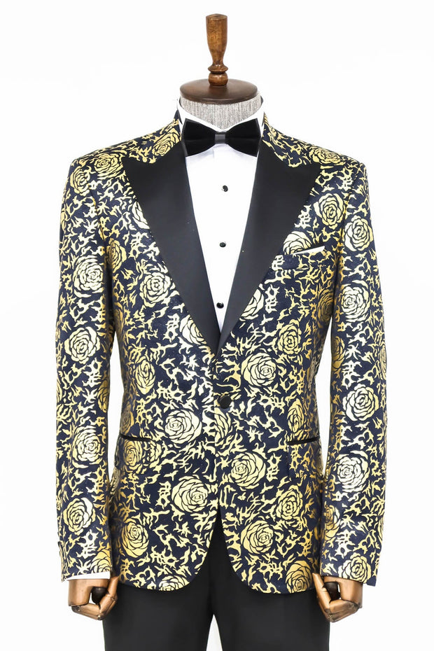 Gold Rose Patterned Slim Fit Navy Blue Men Prom Blazer - Wessi