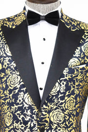 Gold Rose Patterned Slim Fit Navy Blue Men Prom Blazer - Wessi