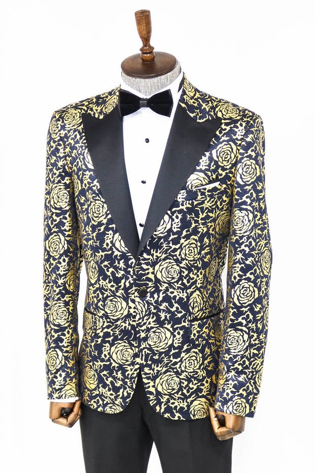 Gold Rose Patterned Slim Fit Navy Blue Men Prom Blazer - Wessi