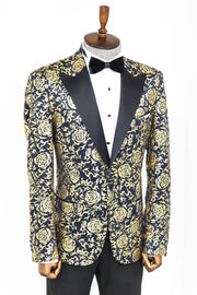 Gold Rose Patterned Slim Fit Navy Blue Men Prom Blazer - Wessi