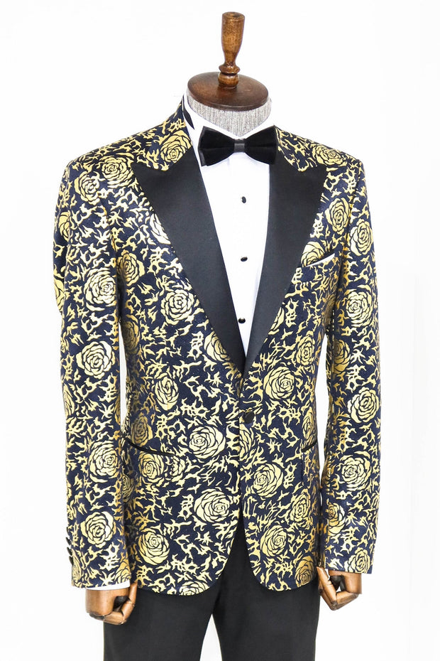 Gold Rose Patterned Slim Fit Navy Blue Men Prom Blazer - Wessi