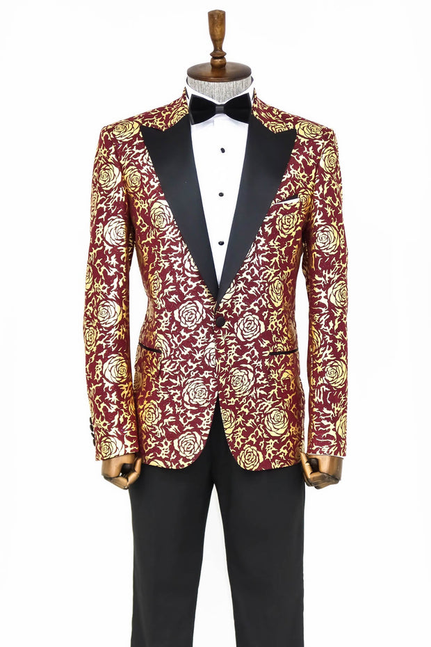 Gold Rose Patterned Slim Fit Burgundy Men Prom Blazer - Wessi