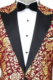 Gold Rose Patterned Slim Fit Burgundy Men Prom Blazer - Wessi