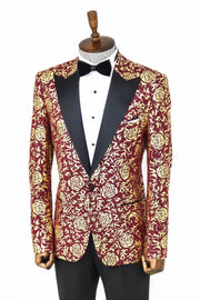 Gold Rose Patterned Slim Fit Burgundy Men Prom Blazer - Wessi