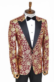 Gold Rose Patterned Slim Fit Burgundy Men Prom Blazer - Wessi