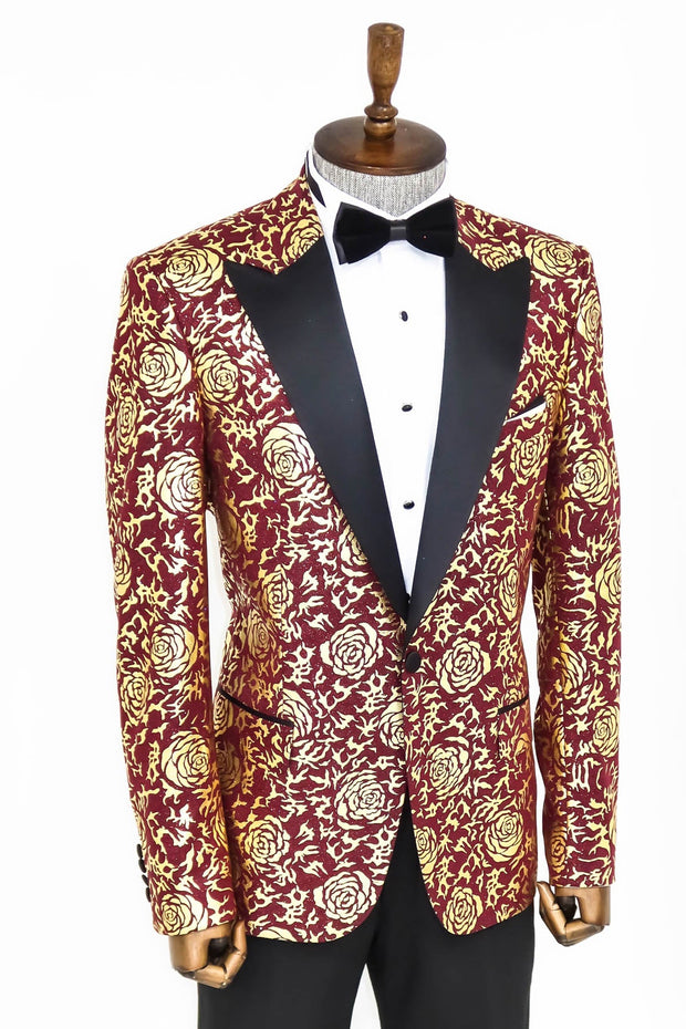 Gold Rose Patterned Slim Fit Burgundy Men Prom Blazer - Wessi