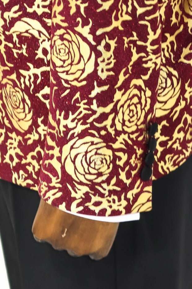 Gold Rose Patterned Slim Fit Burgundy Men Prom Blazer - Wessi