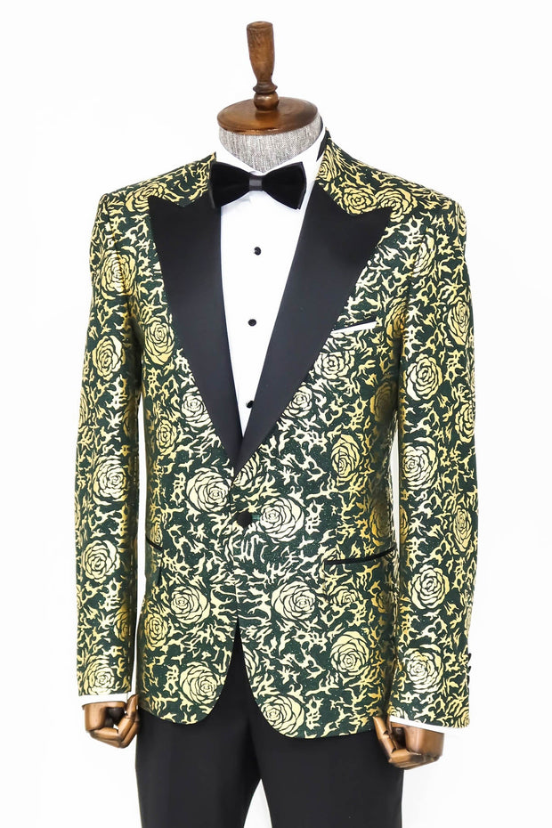 Gold Rose Patterned Slim Fit Green Men Prom Blazer - Wessi