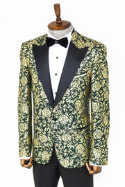 Gold Rose Patterned Slim Fit Green Men Prom Blazer - Wessi