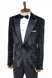 Floral Patterned Velvet Black Men Prom Blazer - Wessi