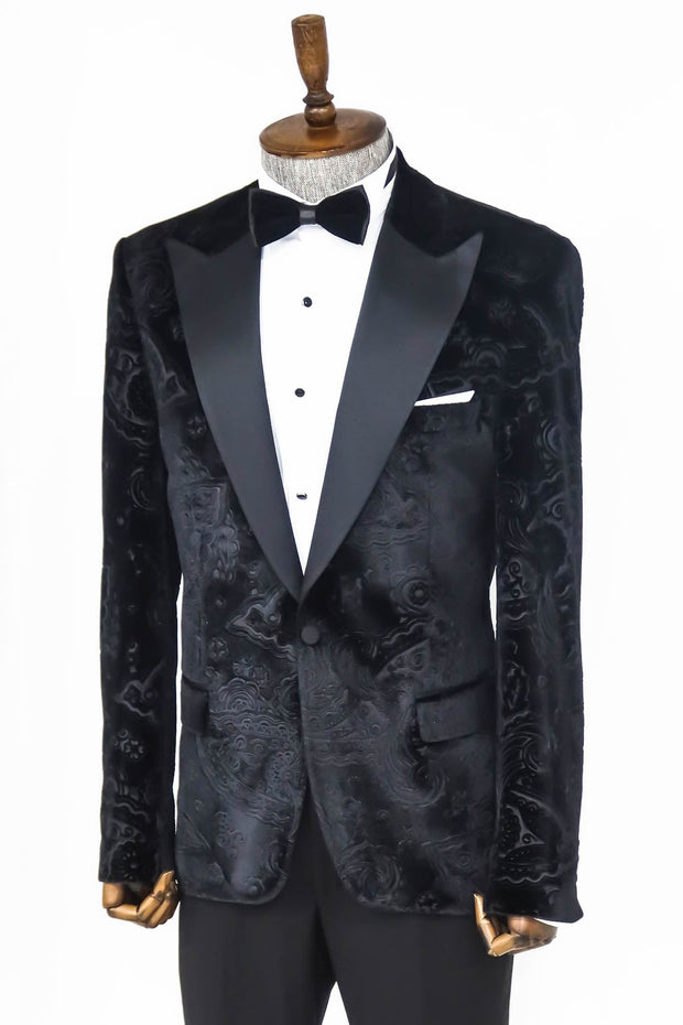 Floral Patterned Velvet Black Men Prom Blazer - Wessi