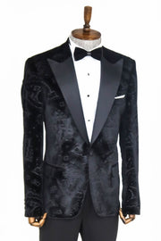 Floral Patterned Velvet Black Men Prom Blazer - Wessi