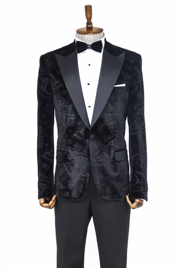 Floral Patterned Velvet Black Men Prom Blazer - Wessi