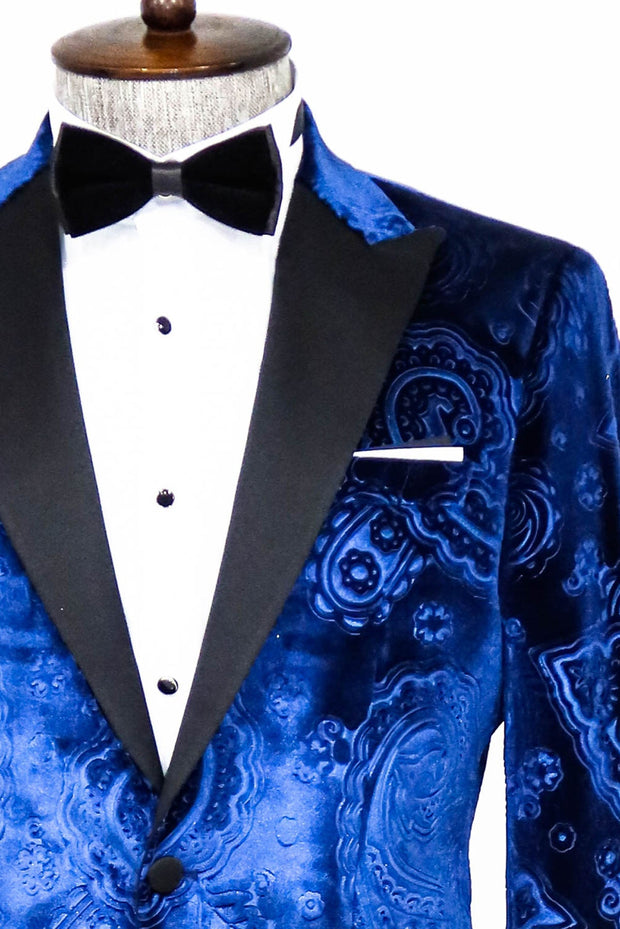 Floral Patterned Velvet Navy Blue Men Prom Blazer - Wessi