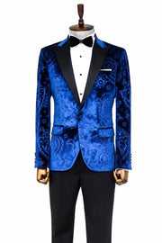 Floral Patterned Velvet Navy Blue Men Prom Blazer - Wessi