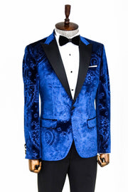 Floral Patterned Velvet Navy Blue Men Prom Blazer - Wessi